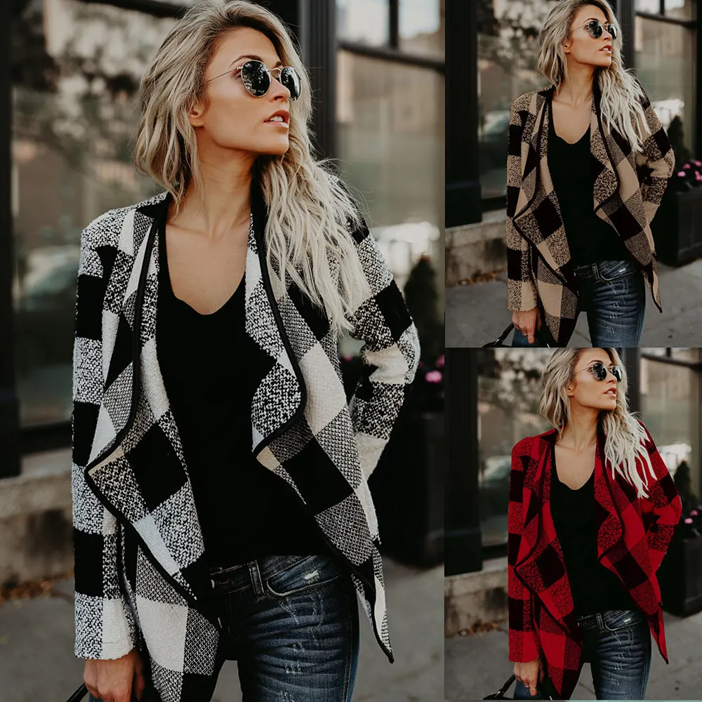 

Style 2018 autumn and winter hot turn -down collar slim sheath woman long coat plaid open stitch comfortable female coat