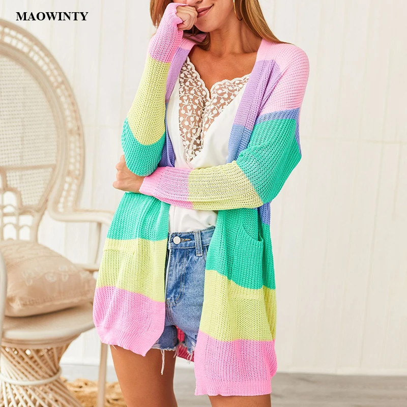 

Knitted Cardigans Female Rainbow Color Long Sleeve Women's Sweater 2019 Autumn Winter Streetwear Outerwear Feminine Coat Jumper