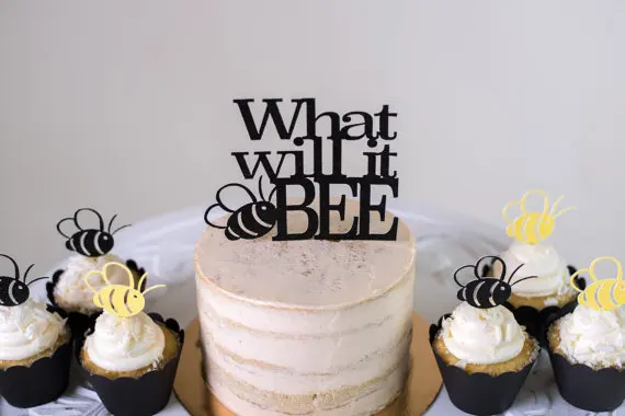 

Glitter What Will It Bee Gender Reveal Cupcake with cake Toppers sets baby shower baptism birthday food treat toothpicks