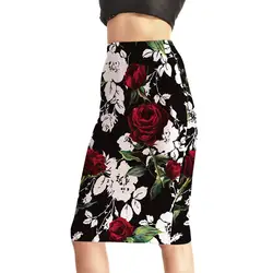 Женские осенние элегантные роза лист с цветочным принтом Высокая Талия Повседневное партия Bodycon плюс Размеры юбка-карандаш