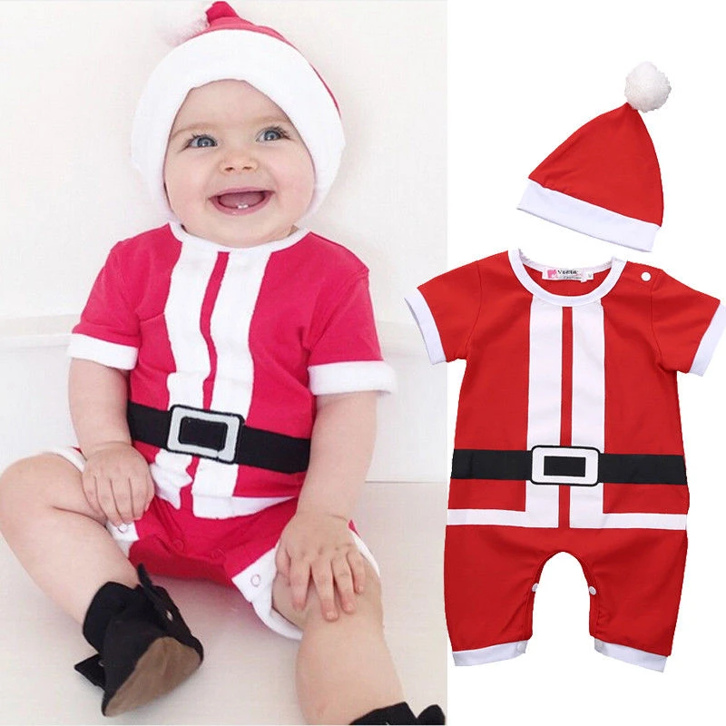 

Xmas Newborn Baby Girls Boys Romper 2pcs Clothes Suit Christmas Short Sleeve Cartoon Santa Jumpsuit +Hat Toddler Costume Outfits
