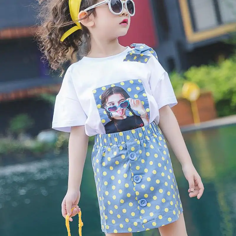 

2019 Girls Clothing Sets Children Clothing For Age 6,8,10,12 14 Years Summer Beach Girls Fashion Suits White T shirts + Skirts