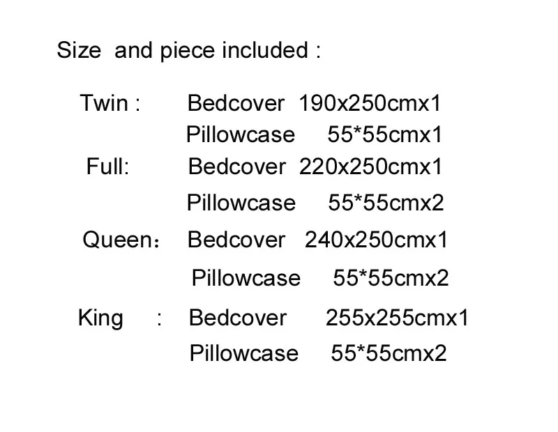 bedcover size  and piece included- tw QB KB-220x250cm240X250CM