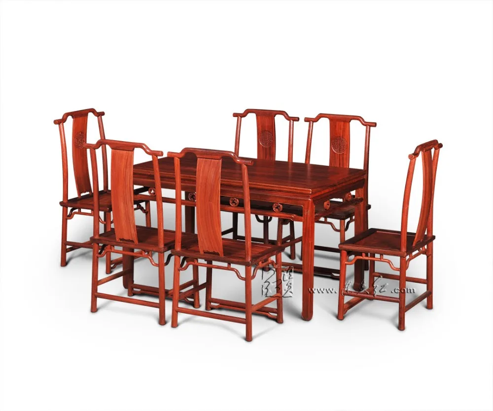 Rosewood Living Dining Room Table Set (1 table &6 Chairs) Classical Solid Wood Home Furniture Annatto Office Long Rectangle Desk