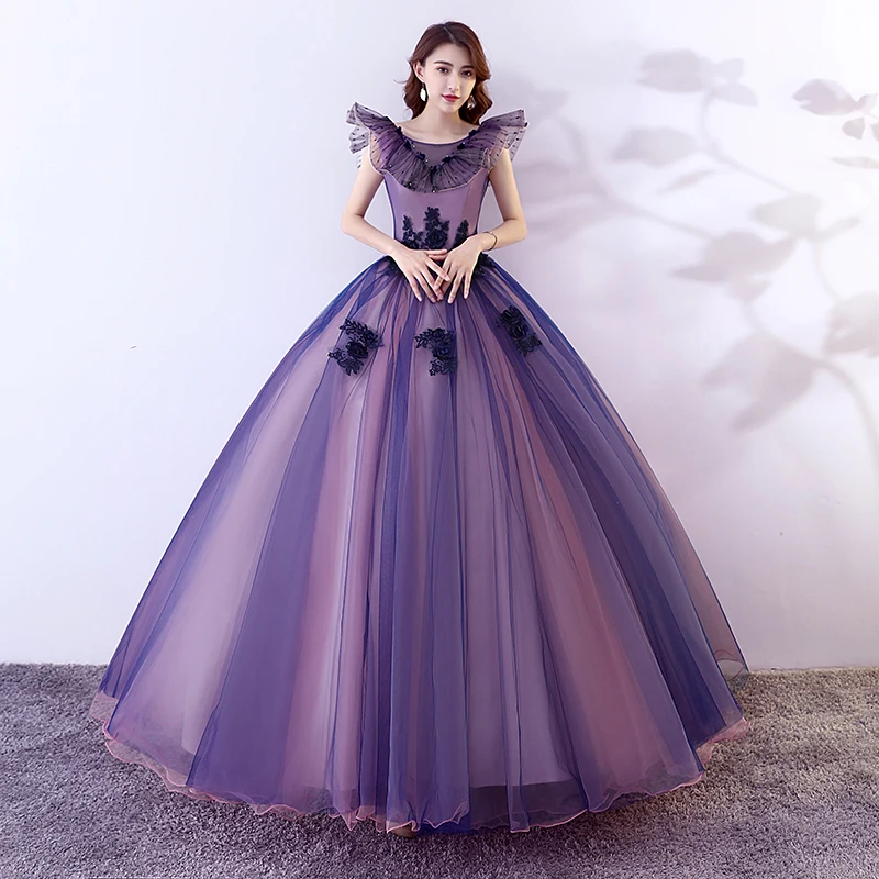 

Luxury Beaded Purple Ball Gown Mesh Dress For Sweet 16 Girl Applique Flower Debutante Elegant Quincenera Formal Party Dresses