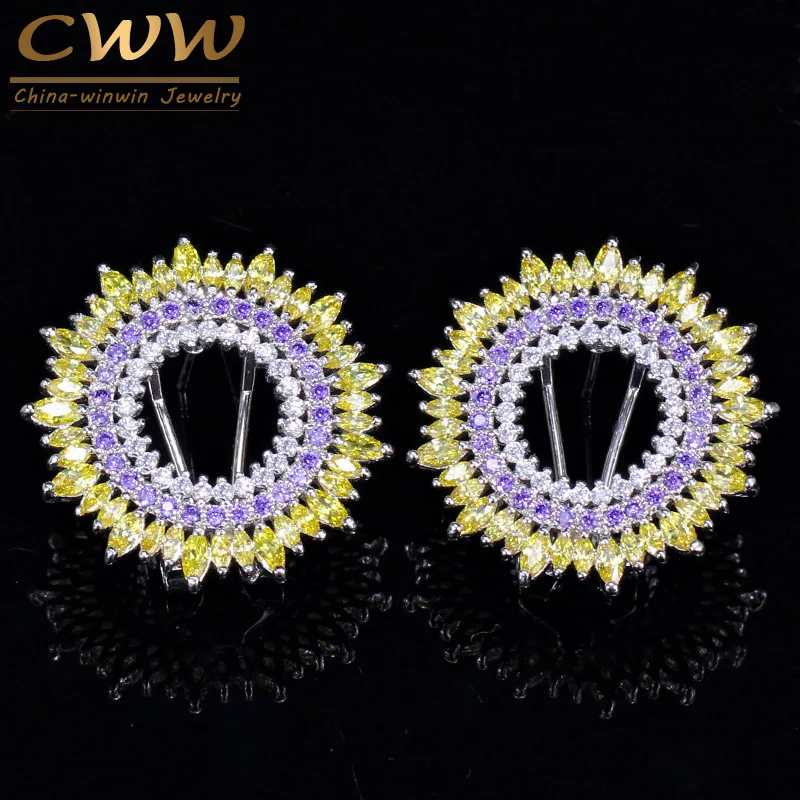 CWWZircons Fashion Marquise Cut Yellow And Purple CZ Zirconia Stones Round Big Easy Stud Earrings for Women Jewelry CZ043 | Украшения и