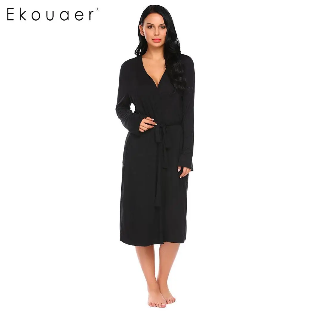 

Ekouaer Women Long Robe Sleepwear Long Sleeve Solid Kimono Comfort Bathrobe Spa Robes Night Sexy Dressing Gown Nightwear