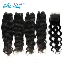 Mèches péruviennes naturelles avec Closure – Alisky, cheveux ondulés, 4x4, lot de 4