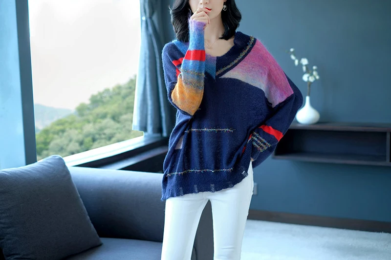 YISU Шерстяной Свитер оверсайз женский осенний зимний свободный длинный рукав женский пуловер свитер модный прошитый мохеровый свитер