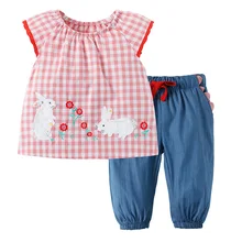 JTS-567 кролик 6 компл./лот, Детские рубашки для девочек+ штаны, комплект одежды из хлопка