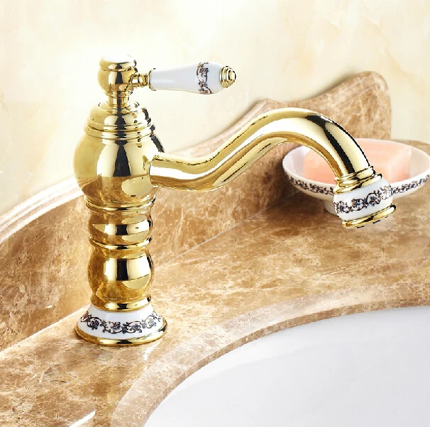 

Modern Deck Mounted Long Neck Bathroom Basin Mixer Faucet Gold-plate Hot and Cold Water Basin Faucet