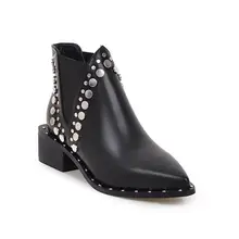  Rivets Faux Leather Booties Sequin Thick Heel Black Ankle Women Boots Studded Decorated Woman Boots Motorcycle Big Size 42 43 