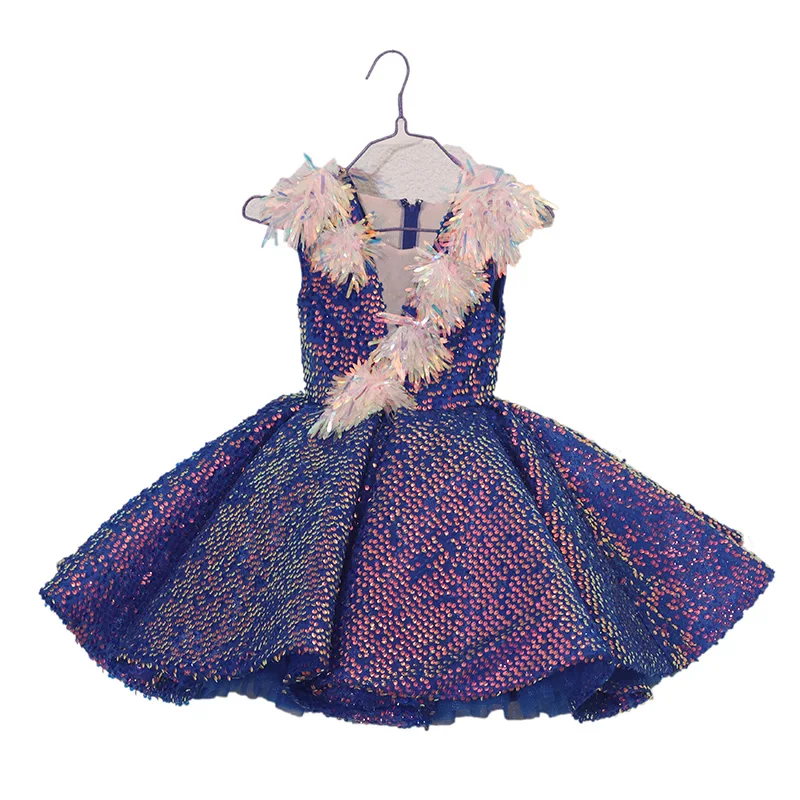 Роскошный Королевский синий цветок девушка платья для свадьбы блестками детское нарядное платье костюм на день рождения бальное платье Принцесса платье B476