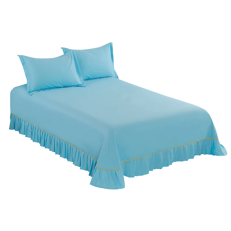 Modern Style Sky Blue Solid Color Cotton Lace Bed Sheets Bedspread Lace