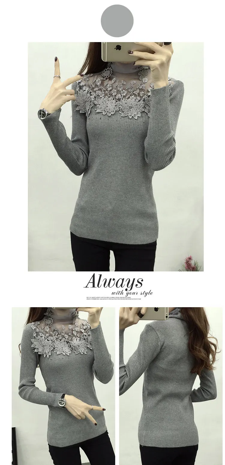 Autumn Winter Sweater Women 2019 Flower Lace Jumper Pull Femm Pink Knitted Sweater Casual Turtleneck Long Sleeve Sueter Mujer (7)