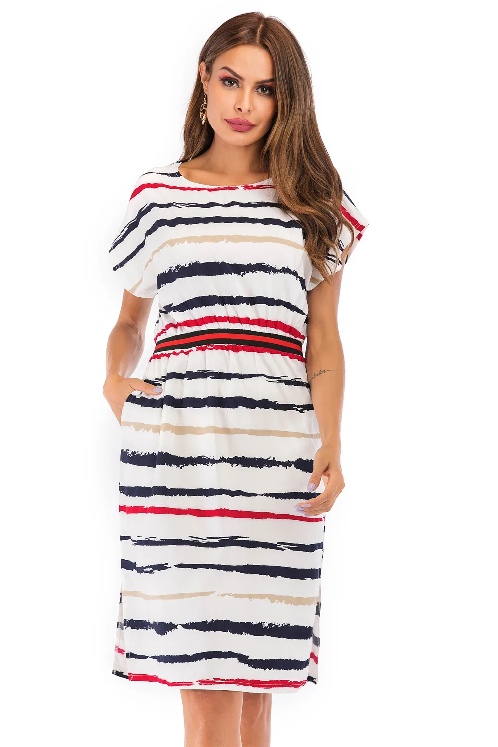 

Summer Autumn Striped Dress Women Short Sleeve Sexy Casual Dress O-neck Stripe Women Pocket Elegant Dresses Plus Size