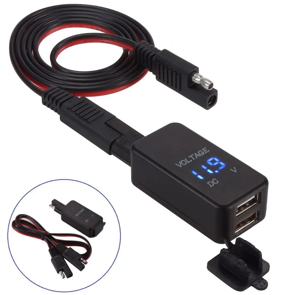 

SAE To USB Adapter with Voltmeter Motorcycle Quick Disconnect Plug with Waterproof Dual USB Charger 2.1A & 2.1A for Smart Phone