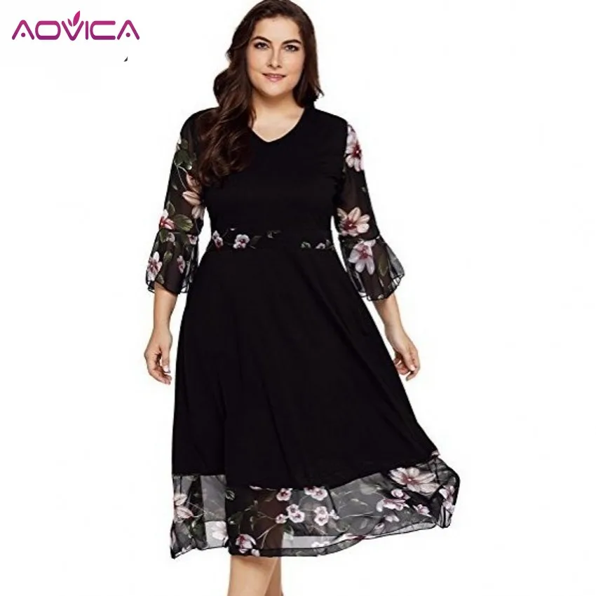 

Aovica Large Size 3XL Women Dress Vintage Zipper Floral Printed Tunic A-Line Dress Plus Size Dresses For Women 4XL 5XL