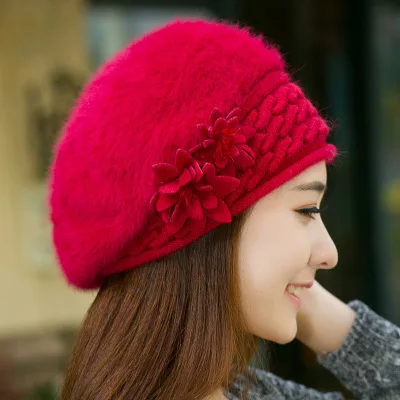 Зимние шапки для женщин шапка с кроличьим мехом шапки для женщин вязаная шапка бини утолщенная женская шапка бини - Цвет: red