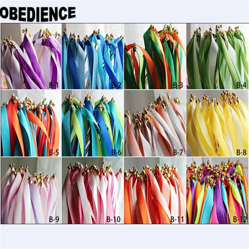 

OBEDIENCE Just Married Wedding Party Ribbon Stick/Wands/Twirling Streamers With Bell,50Pieces/Lot, B1-B12 style