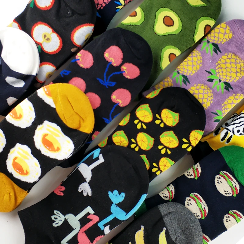 5 Pairs/lot Animal Food Fruit Avocado Zebra Burger Omelette Flamingo Socks Happy Cotton Ankle Funny Men Women Summer Casual Sock