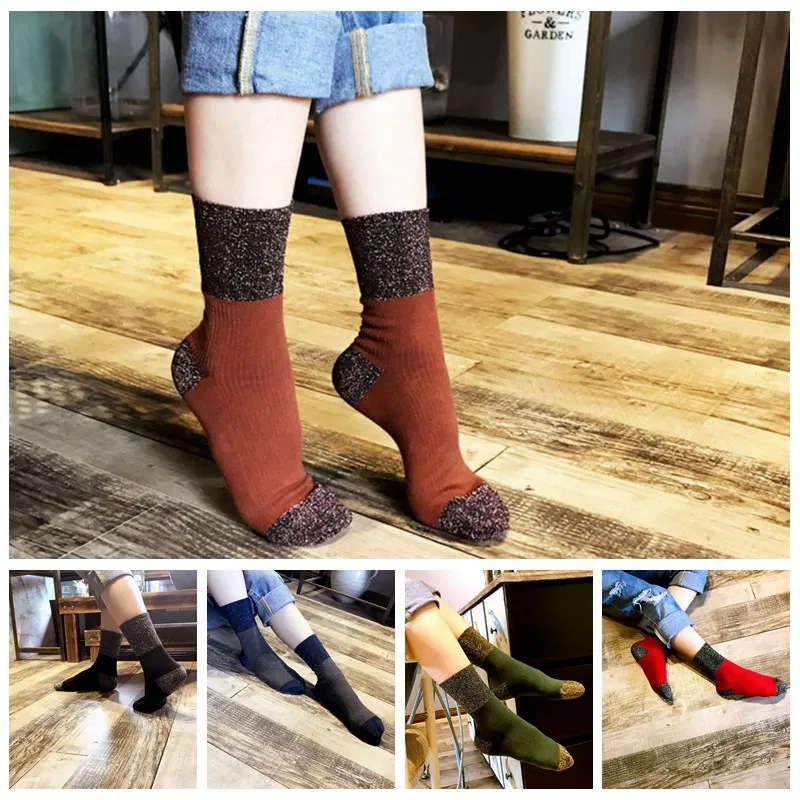 Новинка; женские сверкающие носки; блестящие носки в повседневном стиле; носки в стиле ретро; зимние хлопковые носки; толстые теплые носки для студентов