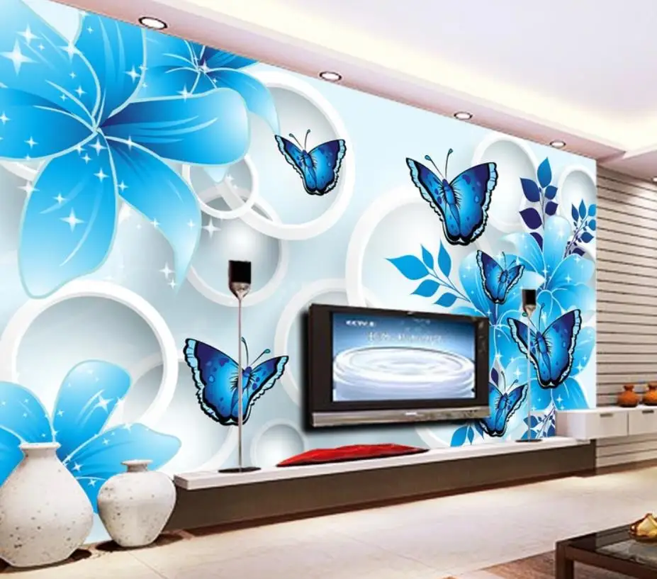 blue room wallpapers Blue lily butterfly 3D TV background wall modern living room wallpapers blue room wallpapers Blue lily butterfly 3D TV background wall modern living room wallpapers