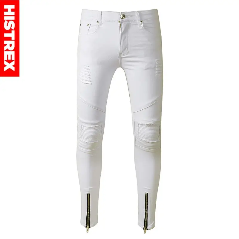 HISTREX Ripped Patchwork Zipper Jeans Men White Black Blue Skinny Jeans Beggar Style Attrit Pants Motorcycle Biker Jeans