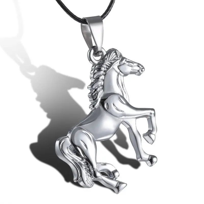 Stainless Steel Vintage Running Horse Pendant Leather Chain For Men Special Silver/Grey Color Long Choker Necklace For Women
