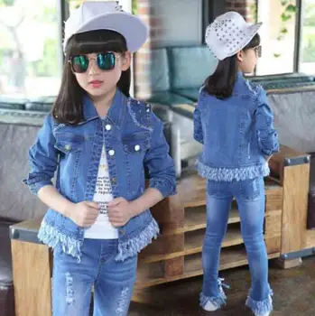 

Girls Sports denim Suits Spring Autumn Children Fashion Kids Clothing Sets Jacket+ Pants 2 Pieces Cowboy Suits 4-12T