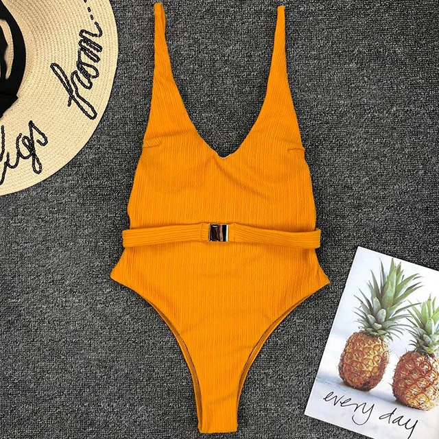 NEW 2019 Women Buckle Swimwear Ribbed High Cut One Piece Swimsuit Female Bather Belt Bathing