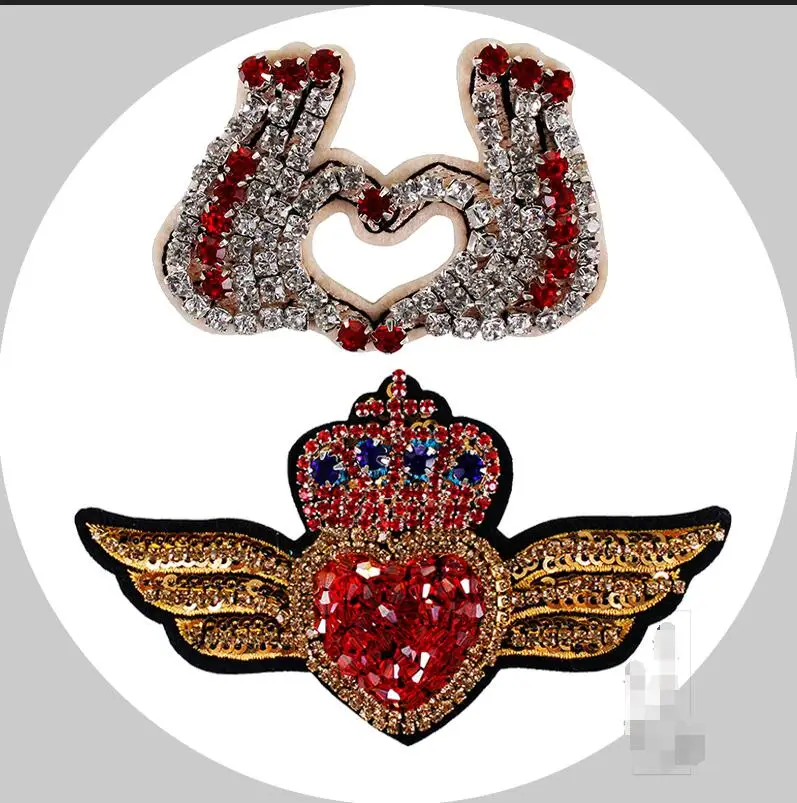 

Beaded Crystal Red Diamond wing Heart Crown Patches Gold Badge Embroidery Applique Sew on Embossed Clothes Craft Sewing