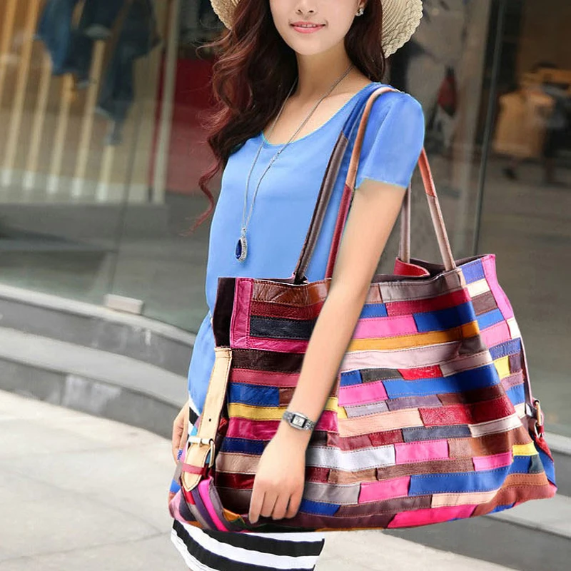 Женская сумка тоут из натуральной овечьей кожи в стиле пэчворк|shoulder bags for women|brand
