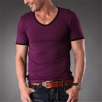 

High Quality New Mens Bamboo Fiber Plain T Shirt V Neck Slim Fit Workout Tops Tees For Men Clothes 2020 Summer MT-1351