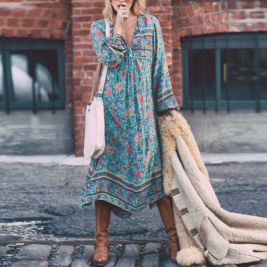 Винтажное зеленое платье макси с цветочным принтом Boho 2018 осеннее хлопковое