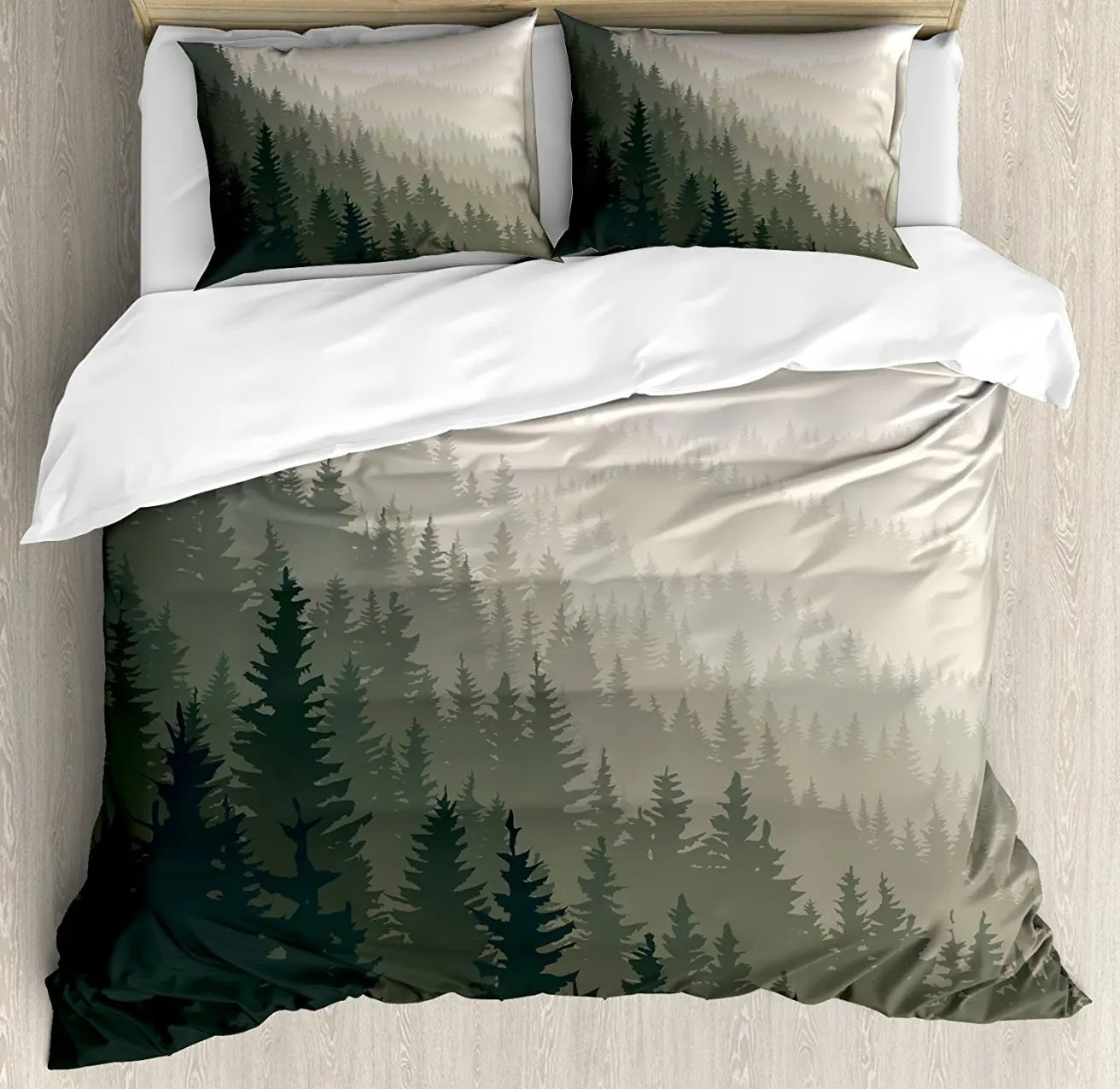 

Forest Duvet Cover Set Northern Parts of the World with Coniferous Trees Scandinavian Woodland, Decorative 4 Piece Bedding Set