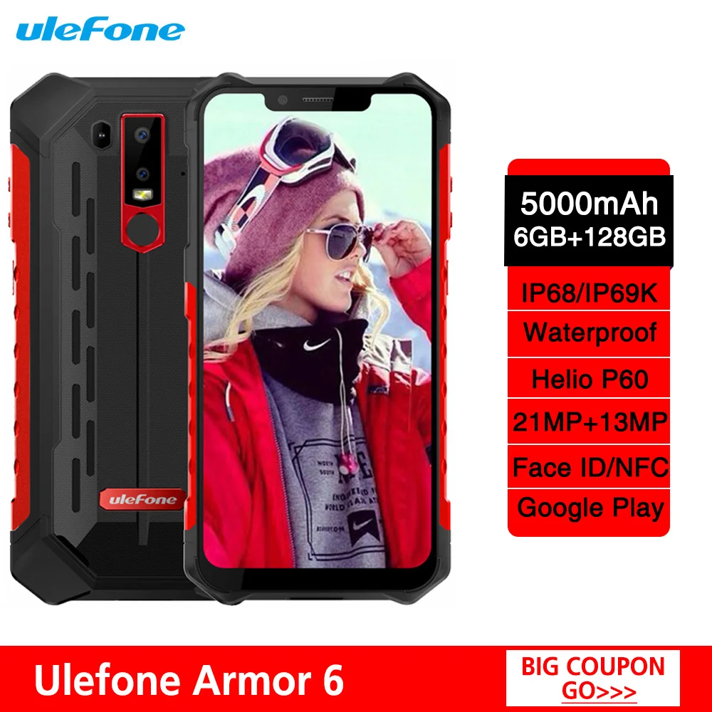 

Ulefone Armor 6 IP68 IP69K Android 8.1 Smartphone 6.2" Helio P60 6G+128G Face ID Wireless Charge Rugged Waterproof Mobile Phone
