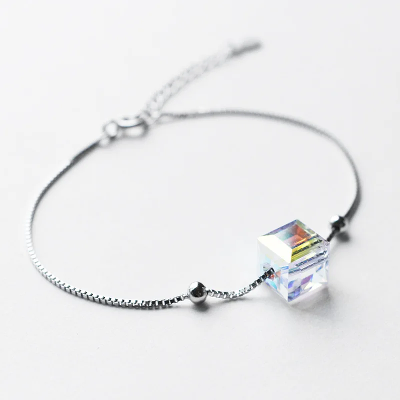 Aurora Square Crystal Real 925 Sterling Silver Bracelets for Women Female Korean Ins Style Box Chain Bracelet Jewelry YBR157 | Украшения и