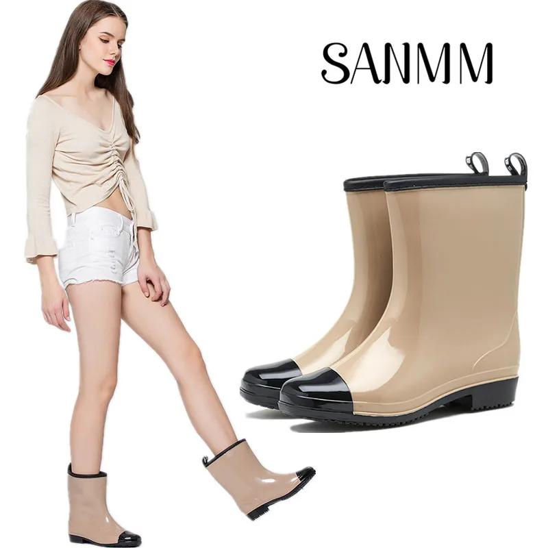 

SANMM Women Mix Colors Mid-Calf Rainboots Autumn Winter Slip-On Water Boots Woman Waterproof Shoes Warm Socks Inserts