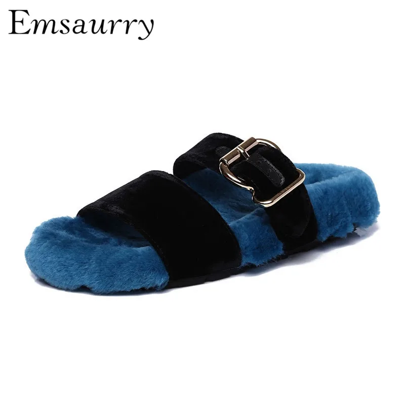 

Studded Buckle Flat Slippers Women Blue Purple Shearling Autumn Winter Outwear Mules Casual Shoes Woman