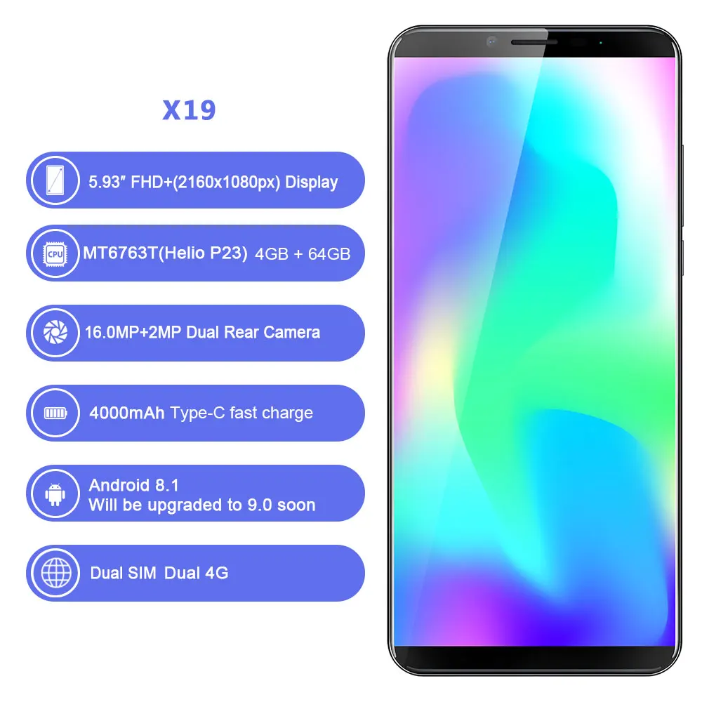 Cubot X19 смартфон Helio P23 Восьмиядерный 5 93 &quot2160*1080 FHD + дисплей 4000 мАч 4 Гб 64 Face ID type C