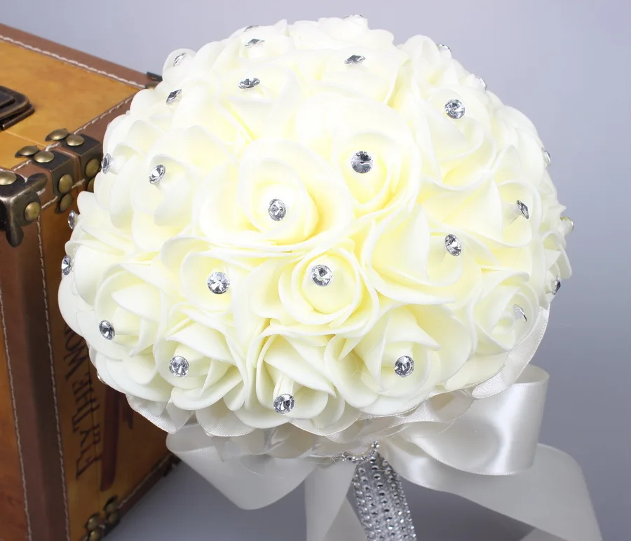 Beautiful White Ivory Bridal Bridesmaid Flower Wedding Bouquet Artificial Flower Rose Bouquet Crystal Bridal Bouquets