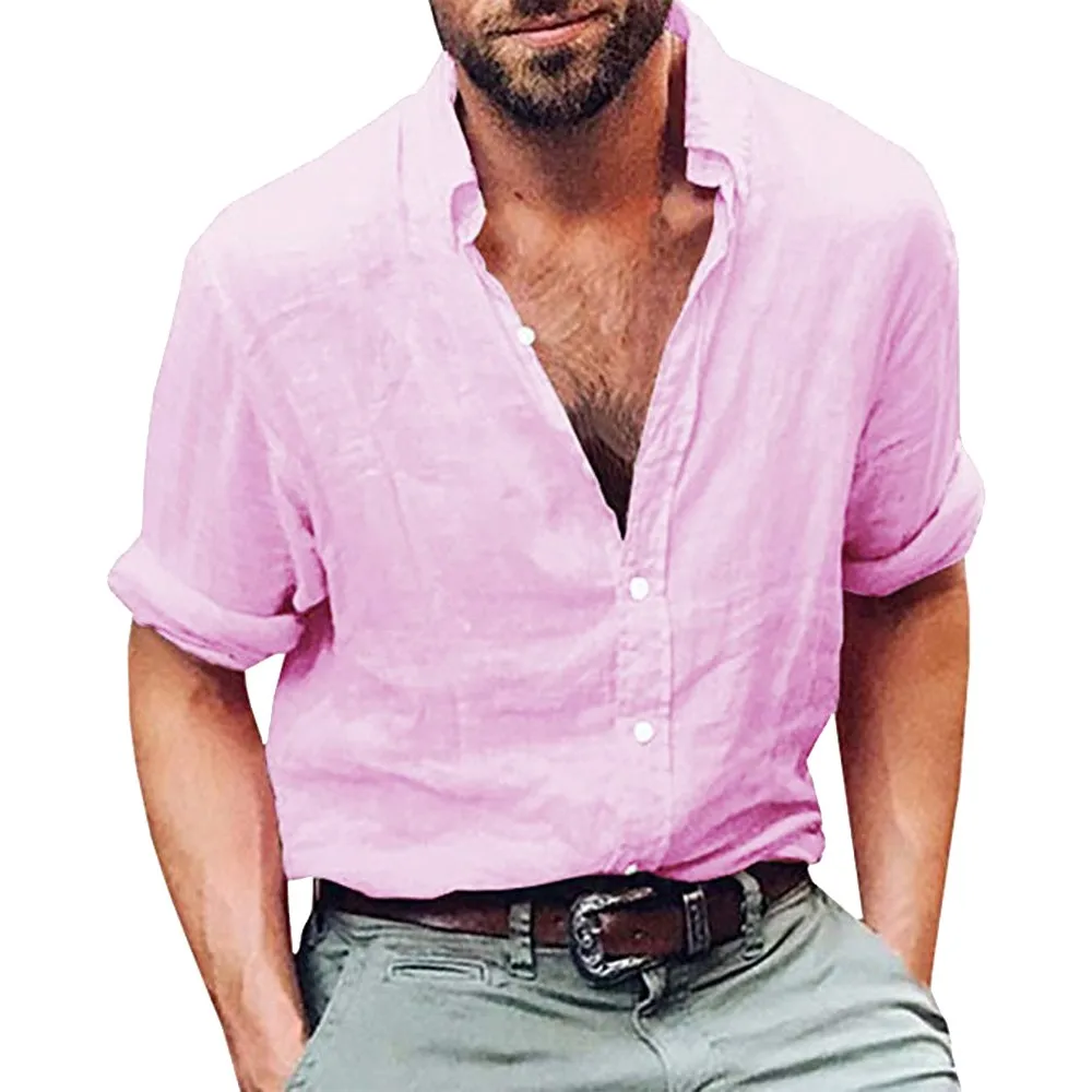 LNCDIS летняя новая модная повседневная мужская рубашка Хенли с длинным рукавом из хлопка и льна, пляжные свободные топы со стоячим верхом, блузка, N4