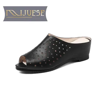 

MLJUESE 2018 women slippers Genuine leather summer style Black color cut-outs peep toe high heels sandals women size 34-41