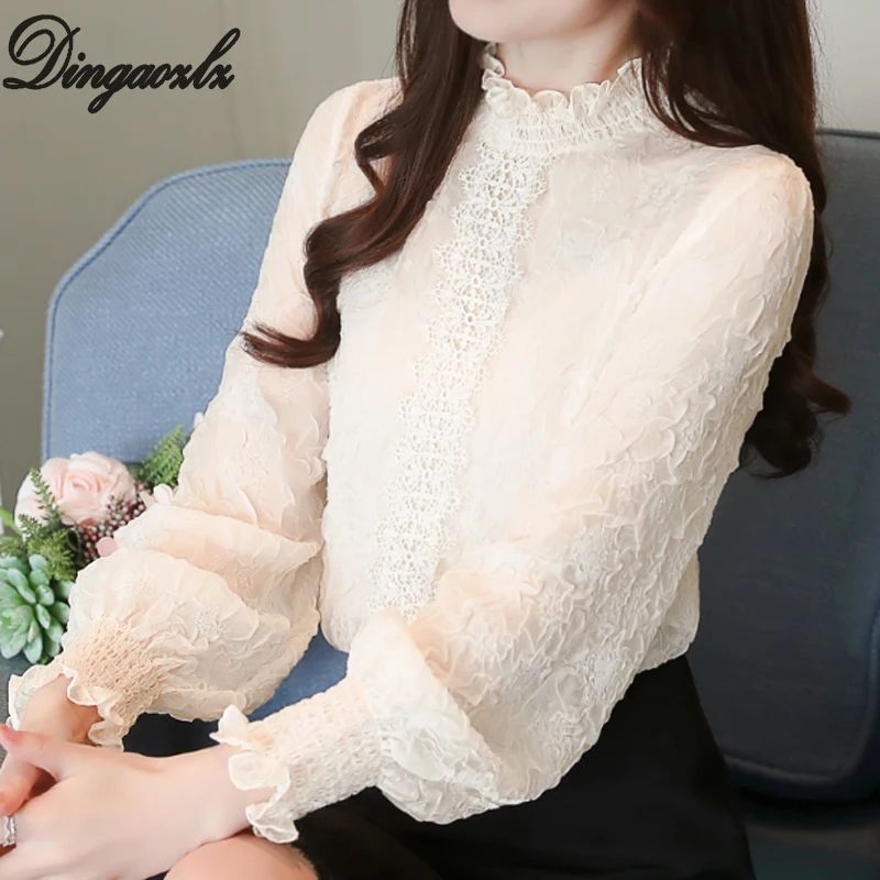 

Dingaozlz 2018 Autumn Female Lace Tops Lantern sleeve Chiffon shirt Elegant Patchwork Ruffles collar Women lace blouse
