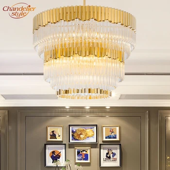 

Modern Glass Prism Chandelier Lighting European Style Luxury Golden LED Chandeliers Suspension Light Round Hanging Lamps