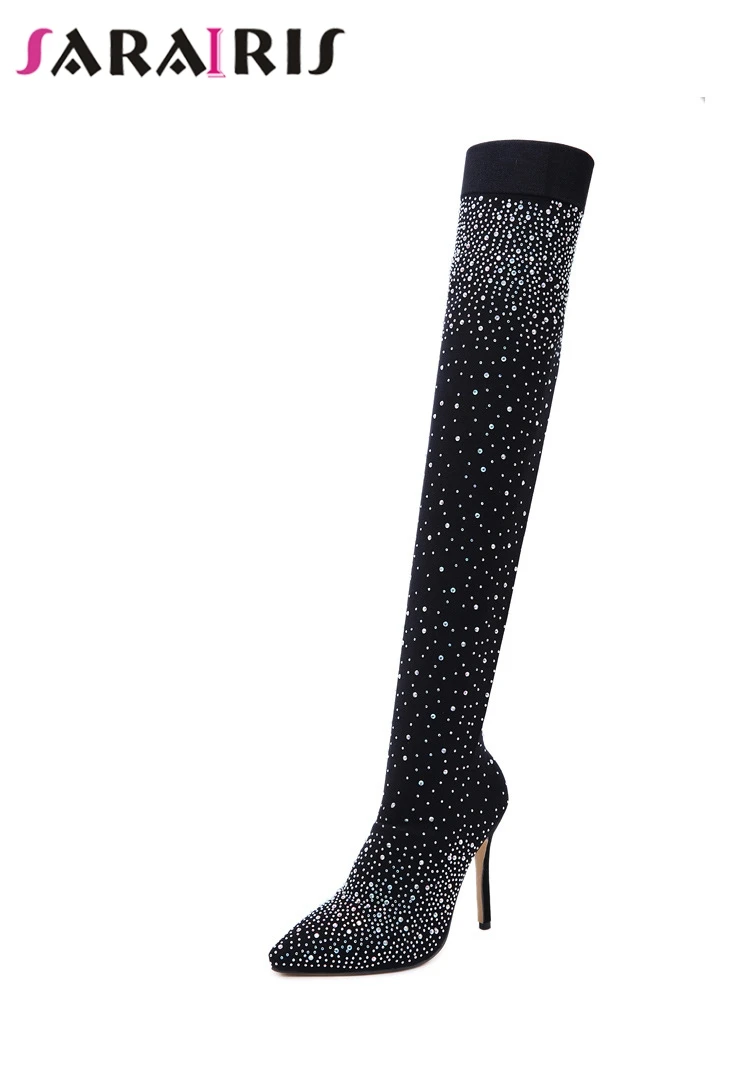 SARAIRIS/растягивающиеся сапоги со стразами пикантные ботфорты выше колена женские осенние Вечерние туфли на высоком каблуке, Размеры 35-43