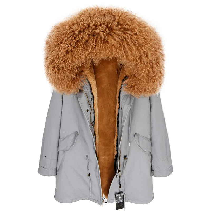 OFBUT winter jacket women real fur coat long parka natural Mongolia Sheep Fur collar hood thick warm streetwear brand new - Цвет: grey brown