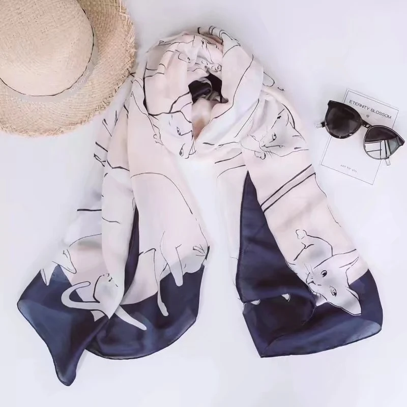 

Luna&Dolphin Women Chiffon Silk Scarf 180x90cm Shawls Lovely White Cat Printing Wraps Tassel Chiffon Big Shawl Tippet Bnadana