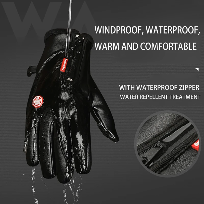 Ветрозащитные кожаные лыжные перчатки с защитой от холода, с сенсорным экраном, теплые нескользящие перчатки для мужчин и женщин, утепленные флисовые водонепроницаемые на молнии